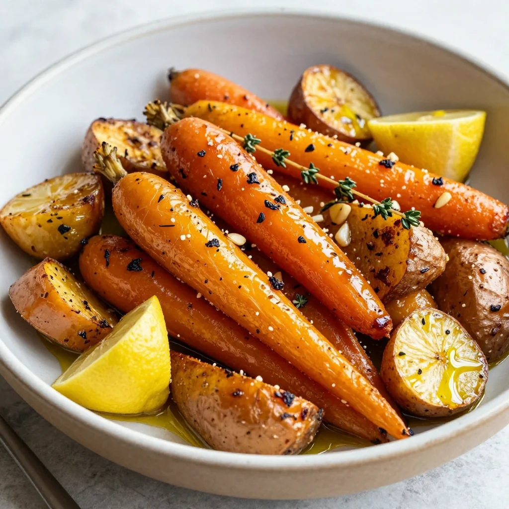 batch cooked garlic lemon roasted root vegetables for easy family meals