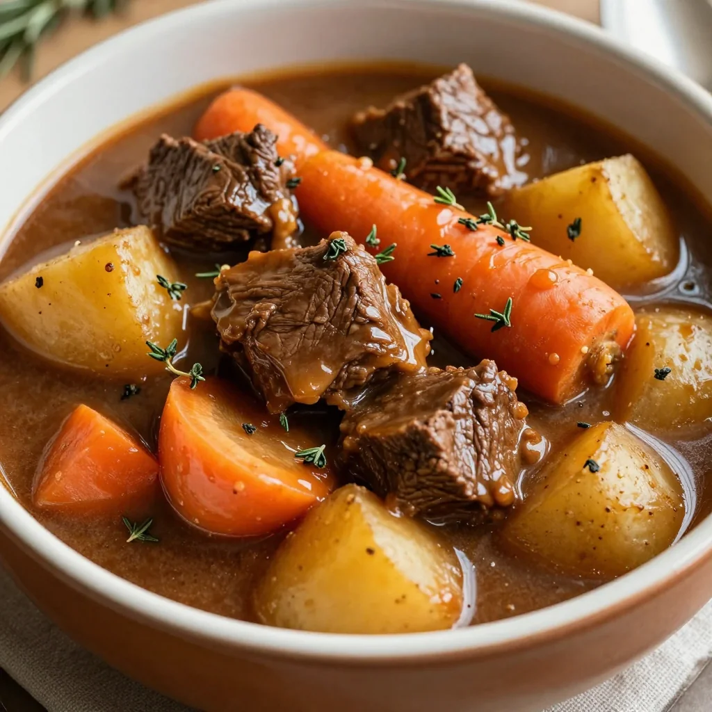 batch cooked slow cooker beef stew with root vegetables and herbs