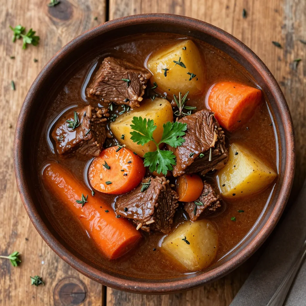 batch cooked slow cooker beef stew with root vegetables and herbs