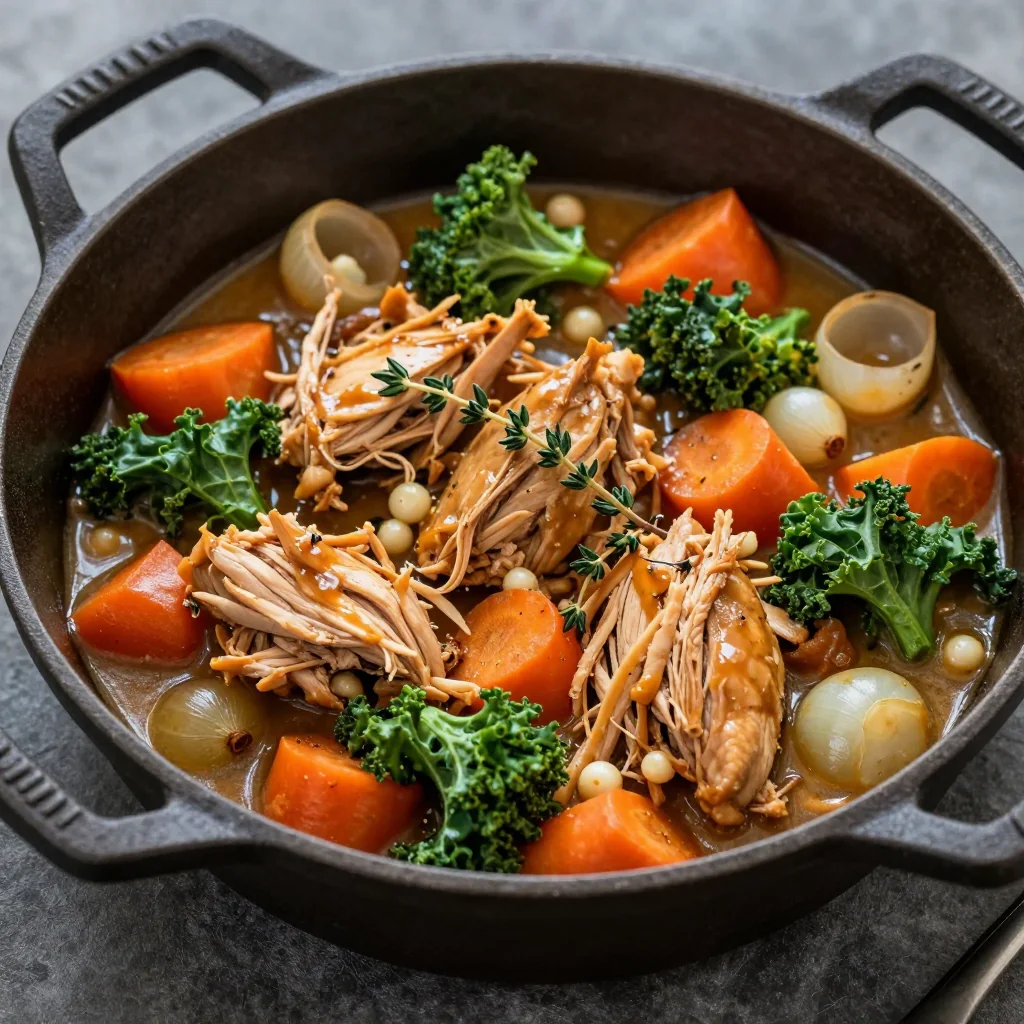 batch cooked slow cooker chicken stew with winter vegetables and thyme
