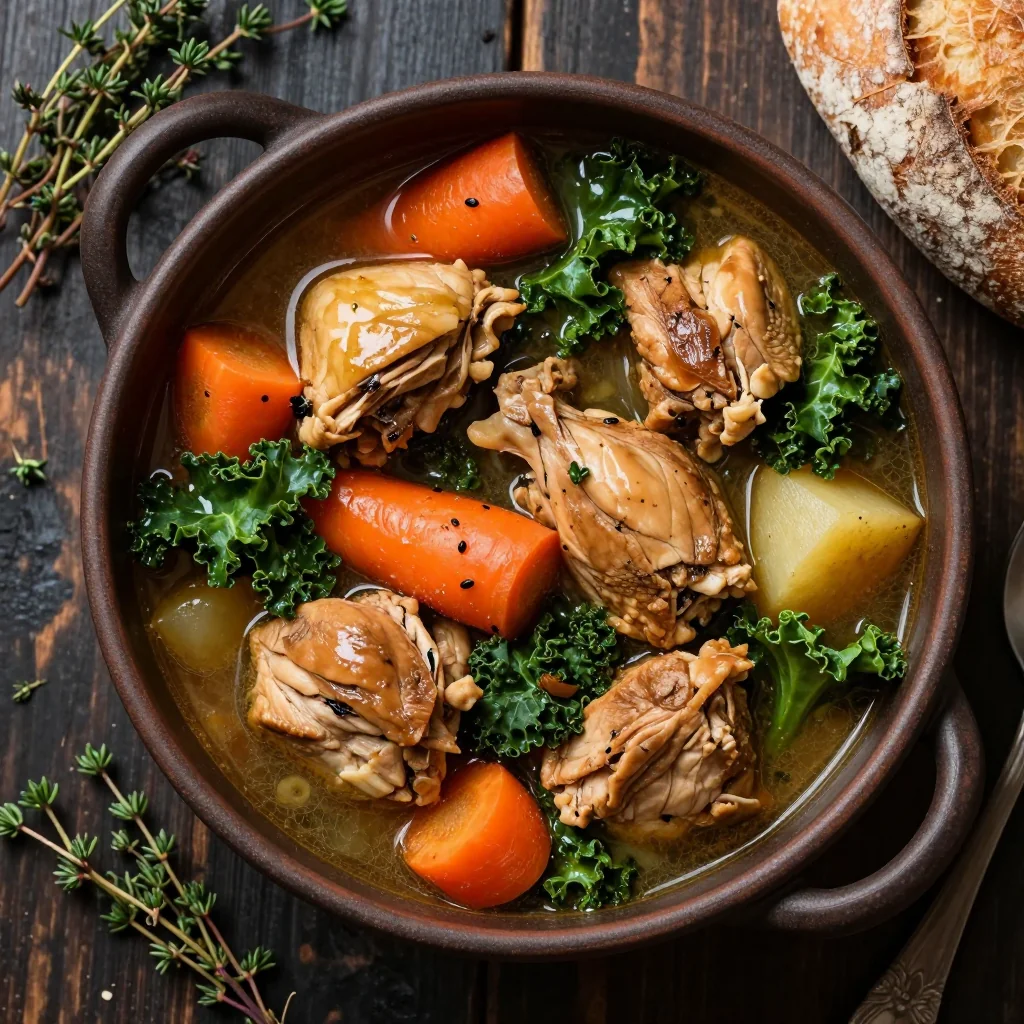 batch cooked slow cooker chicken stew with winter vegetables and thyme