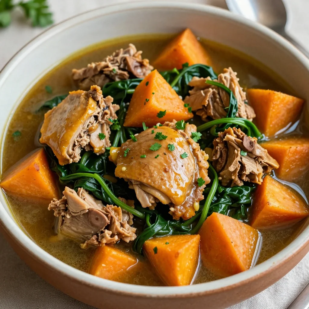 batch cooked slow cooker turkey sweet potato and spinach stew