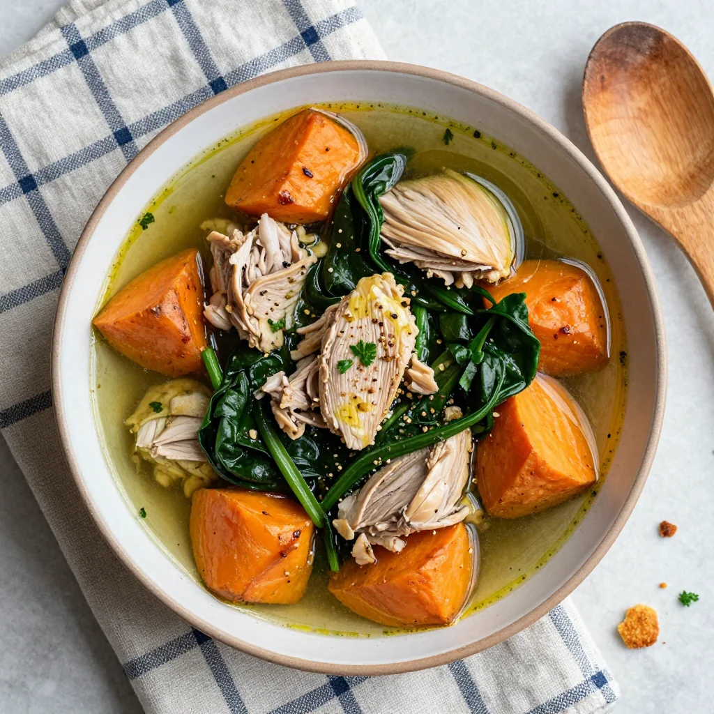 batch cooked slow cooker turkey sweet potato and spinach stew