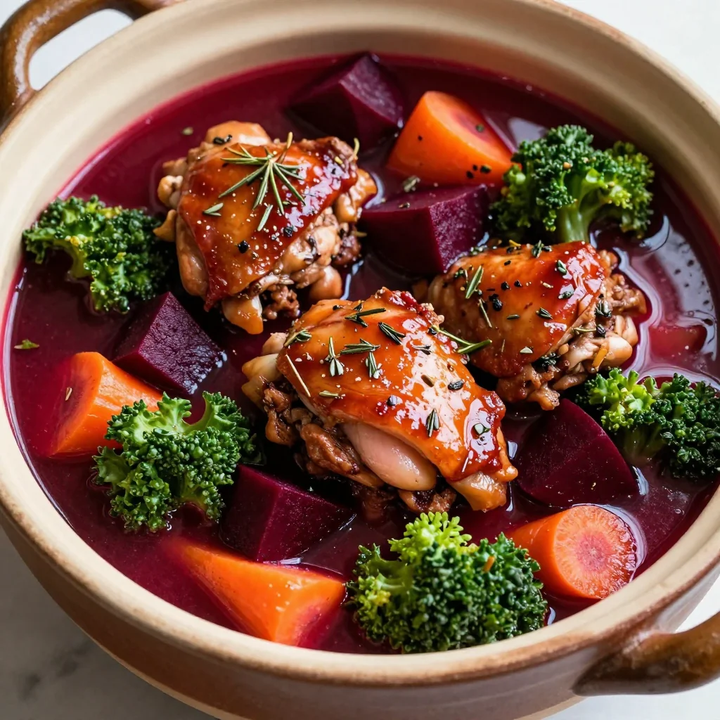 batchcooked chicken and beet stew with winter vegetables and herbs