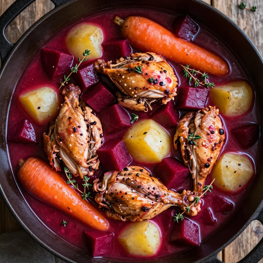 batchcooked chicken and beet stew with winter vegetables and herbs
