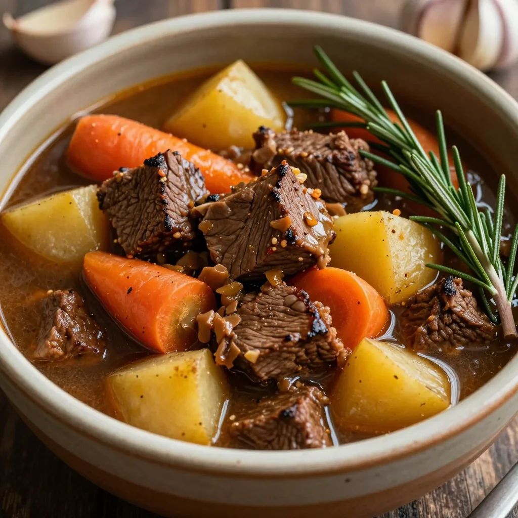 budget friendly beef and winter vegetable stew with rosemary and garlic