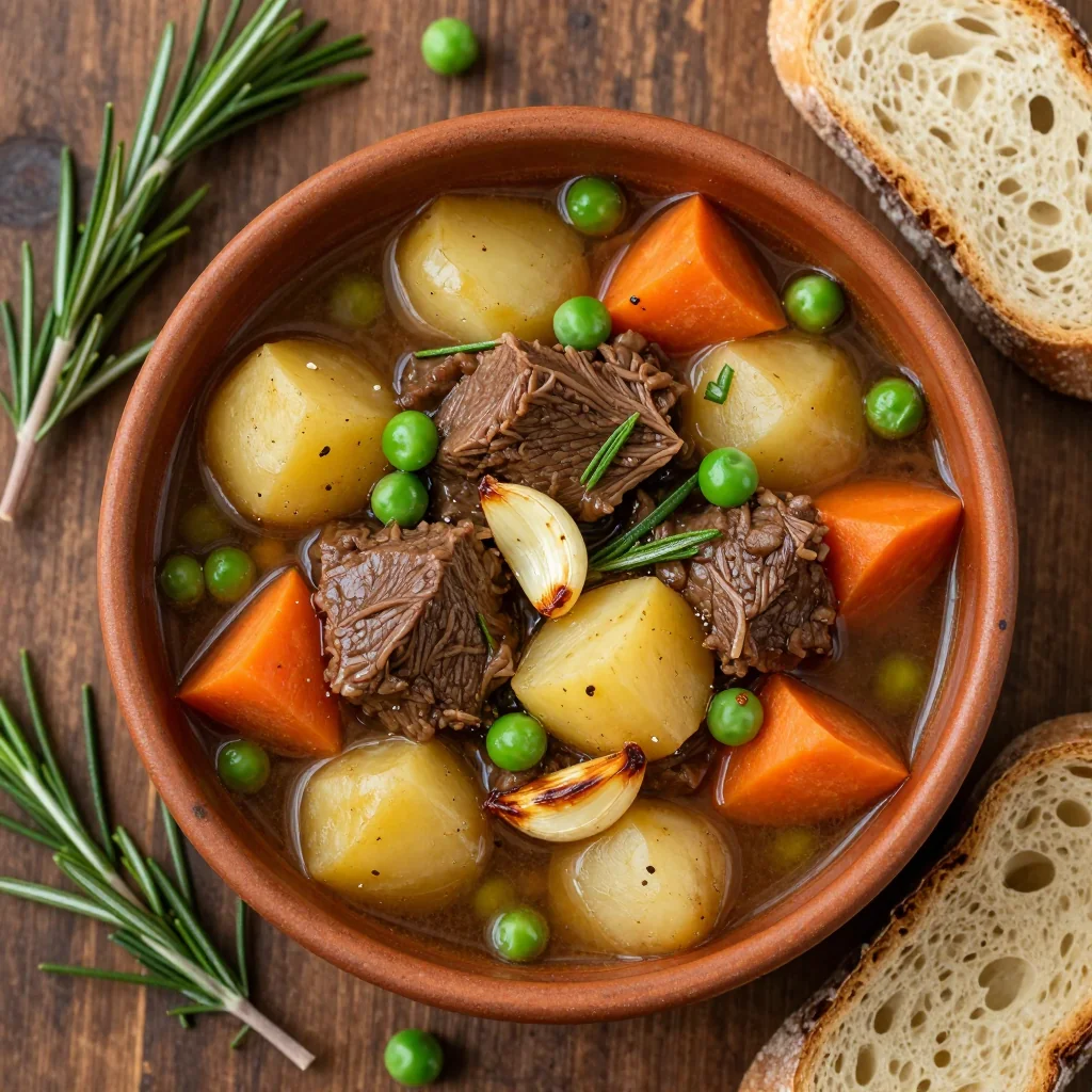 budget friendly beef and winter vegetable stew with rosemary and garlic
