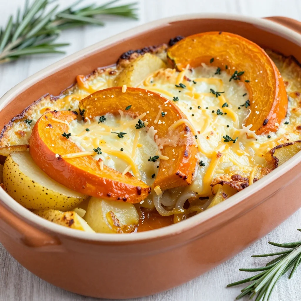 budget friendly roasted winter squash and potato gratin with garlic