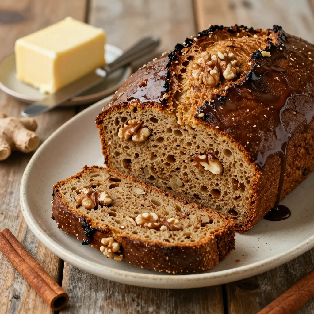 classic pumpkin gingerbread loaf with molasses glaze for cozy tea time