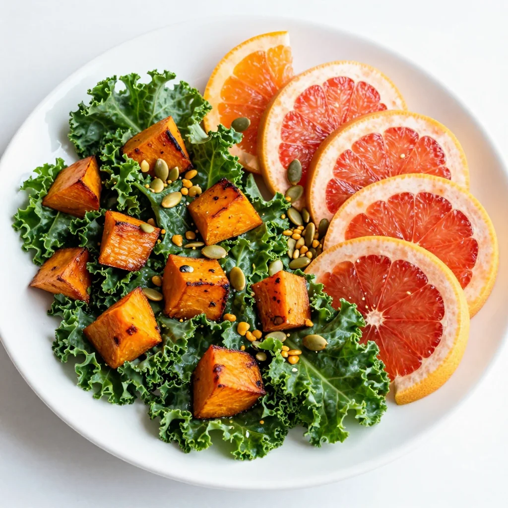 clean eating citrus and kale salad with roasted sweet potatoes for lunch