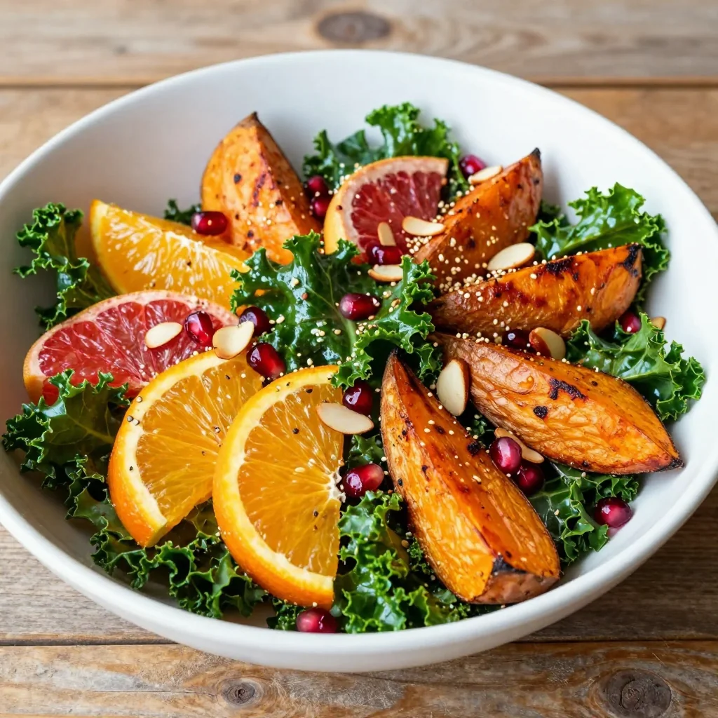 clean eating citrus and kale salad with roasted sweet potatoes for lunch