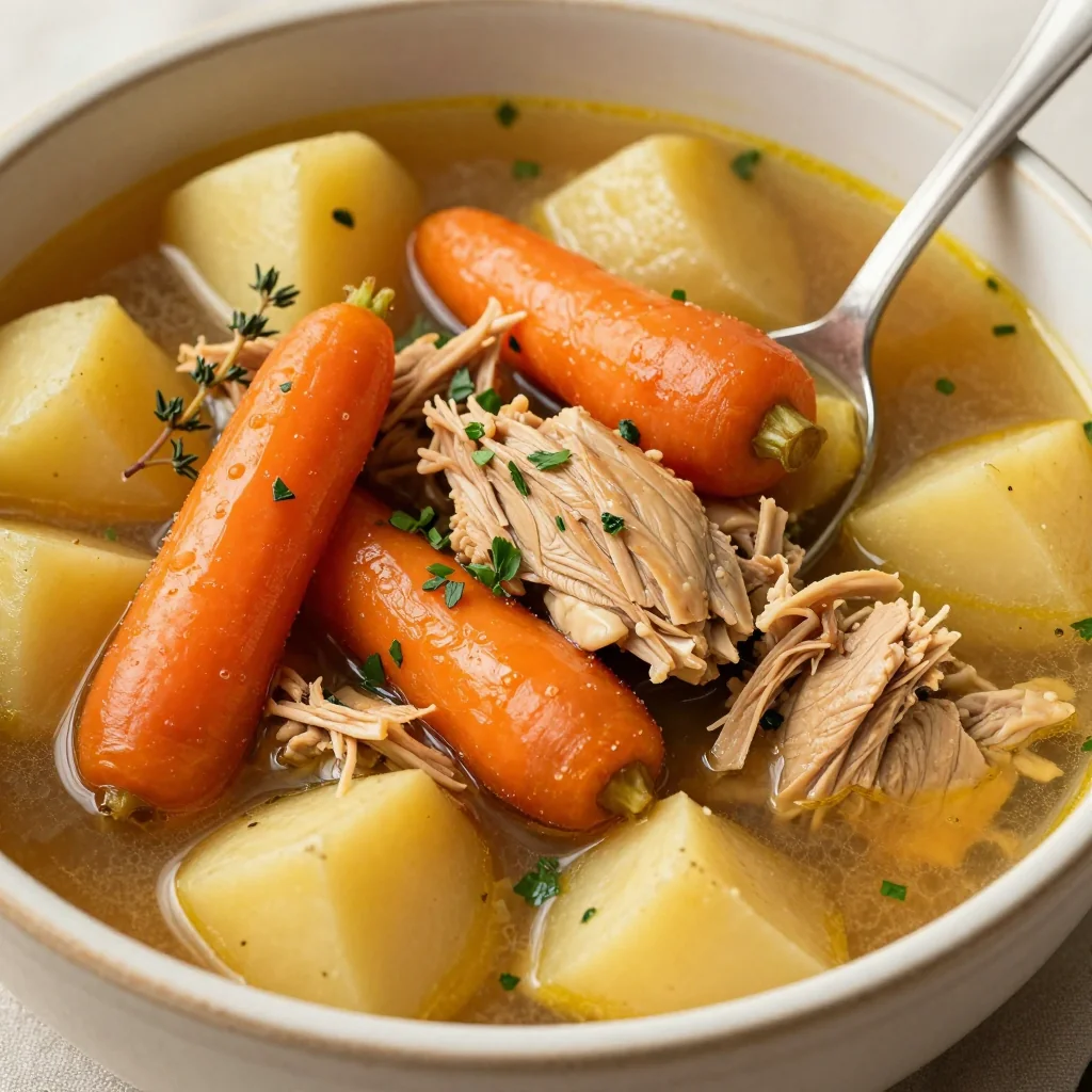 comforting slow cooker chicken stew with roasted carrots and potatoes
