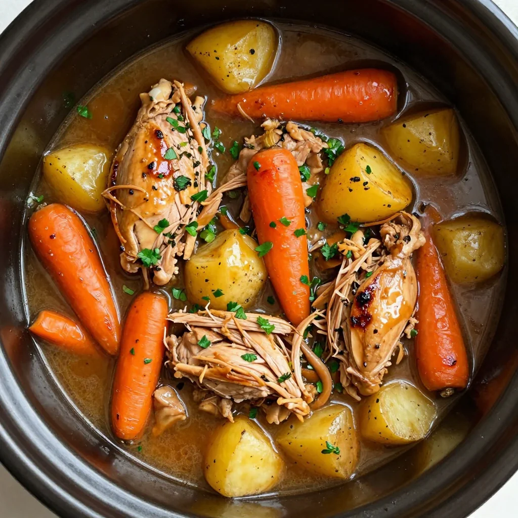 comforting slow cooker chicken stew with roasted carrots and potatoes