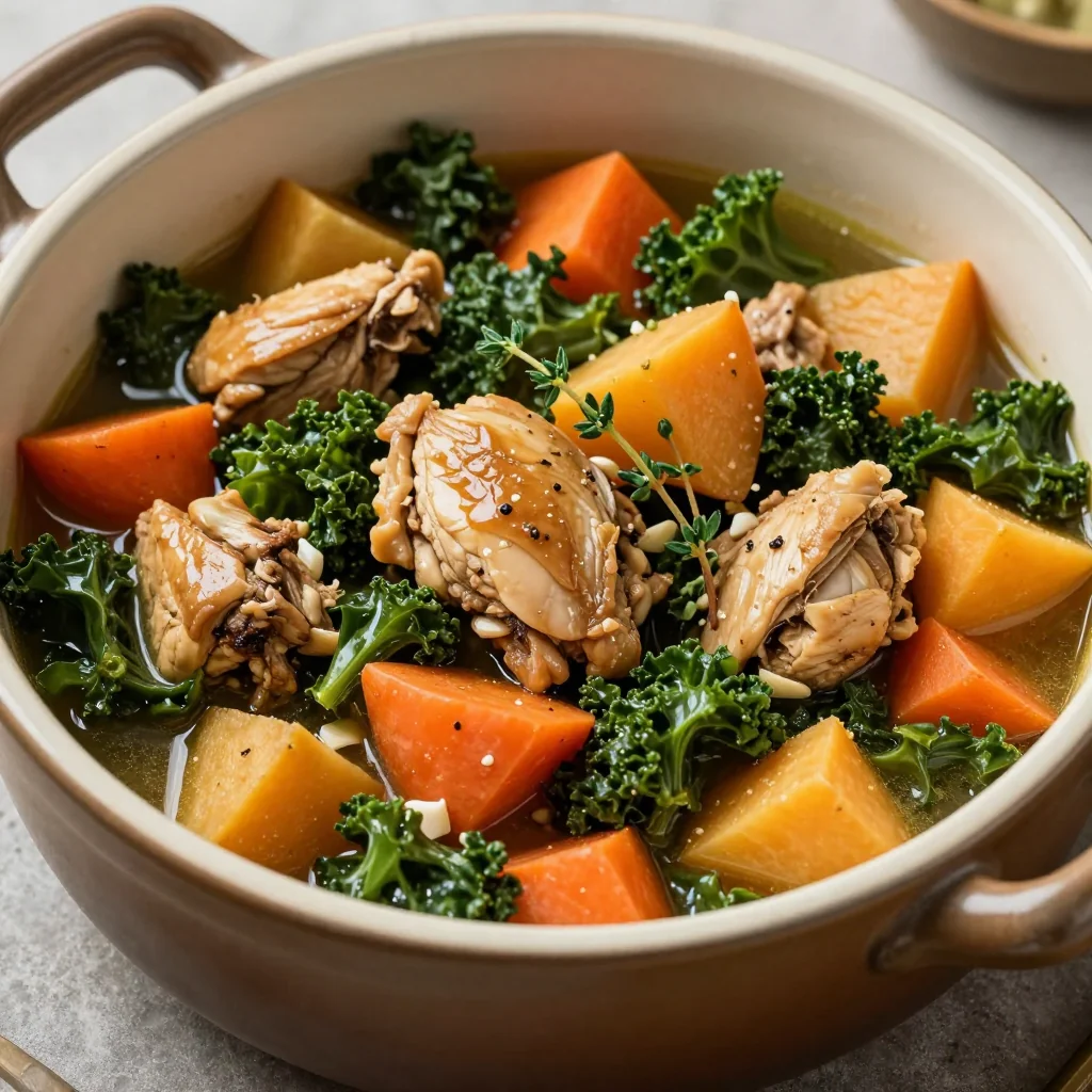cozy onepot chicken and kale stew with root vegetables and garlic