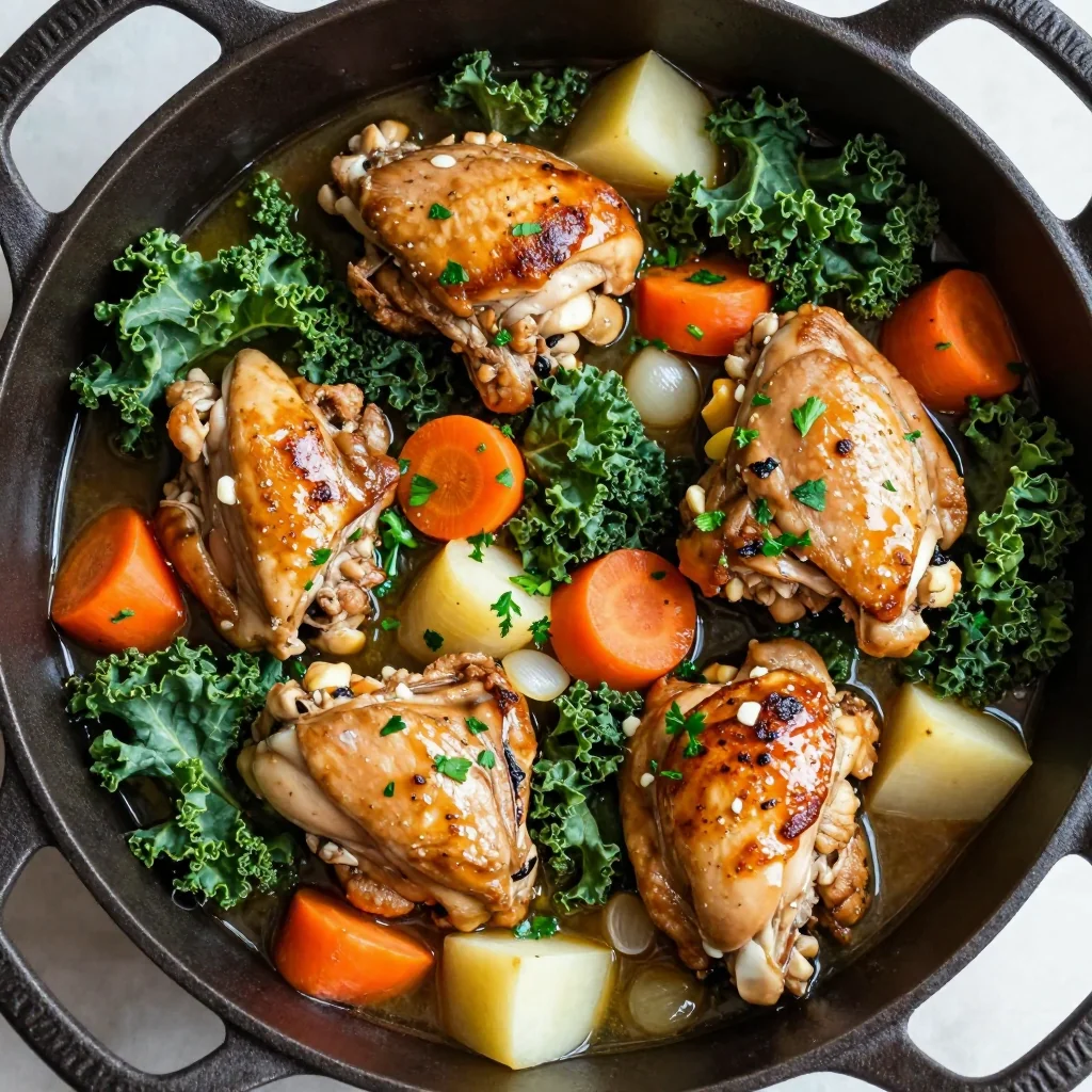 cozy onepot chicken and kale stew with root vegetables and garlic