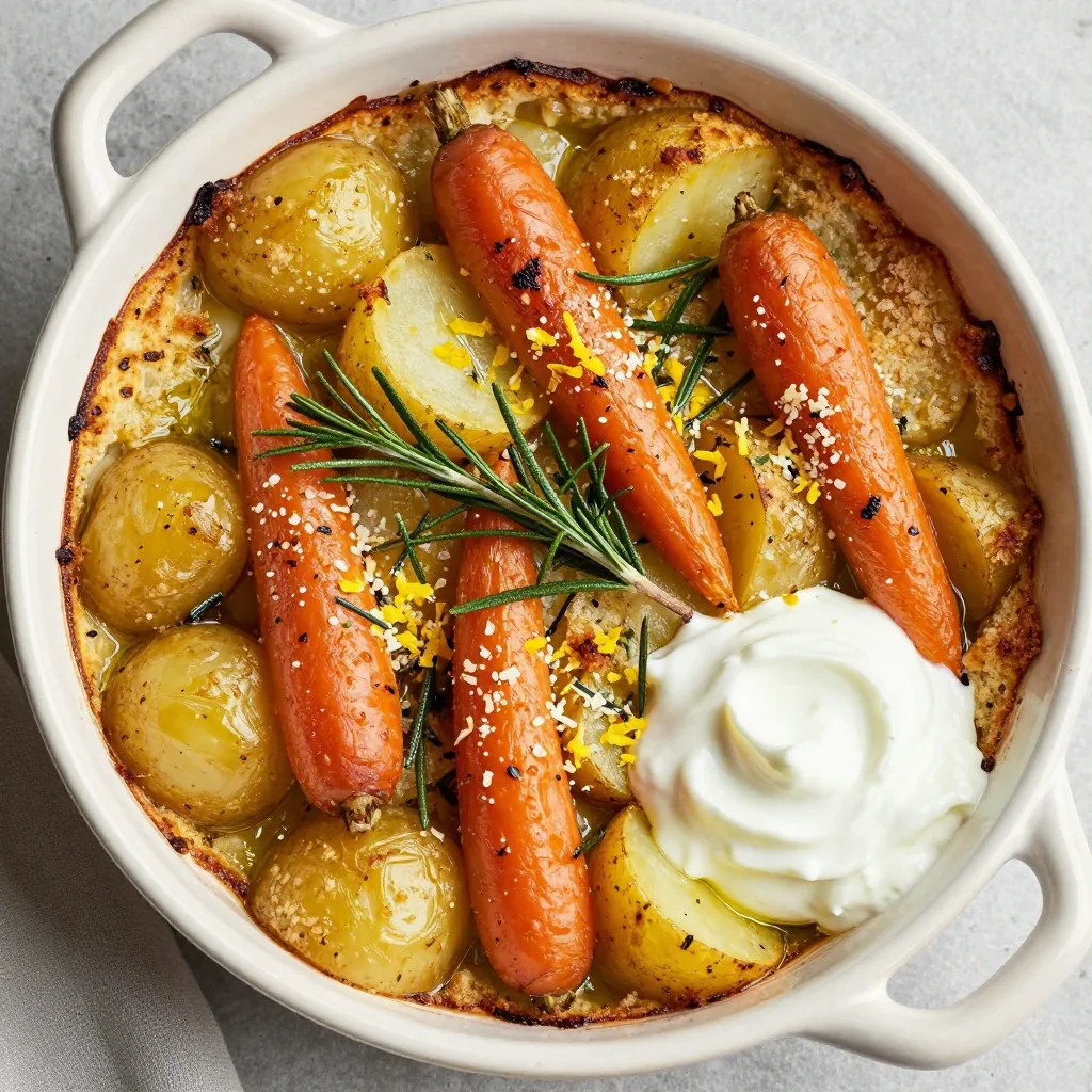 cozy roasted carrot and potato casserole with lemon and rosemary