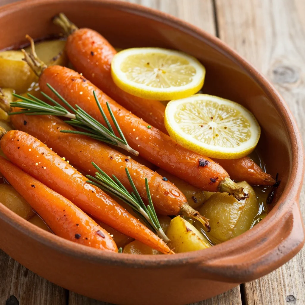 cozy roasted carrot and potato casserole with lemon and rosemary