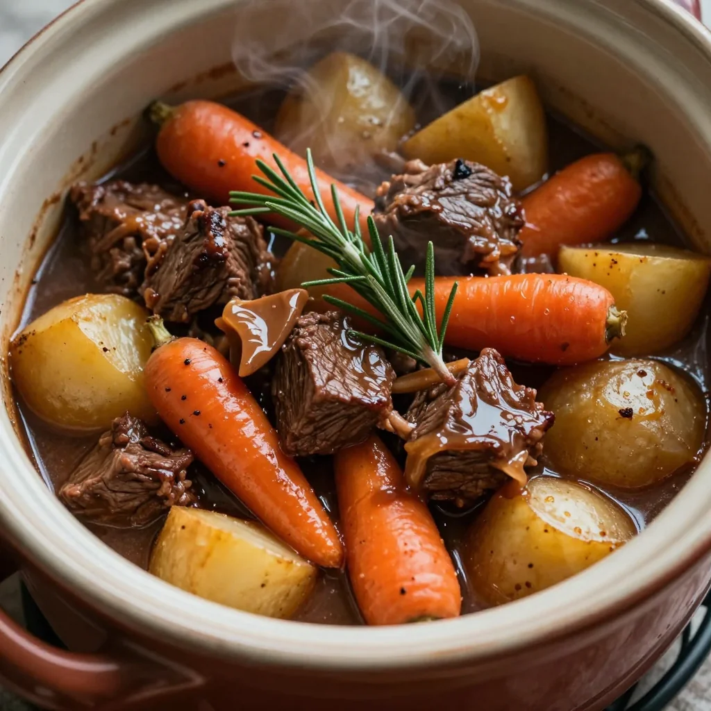 cozy slow cooker beef and root vegetable casserole with rosemary