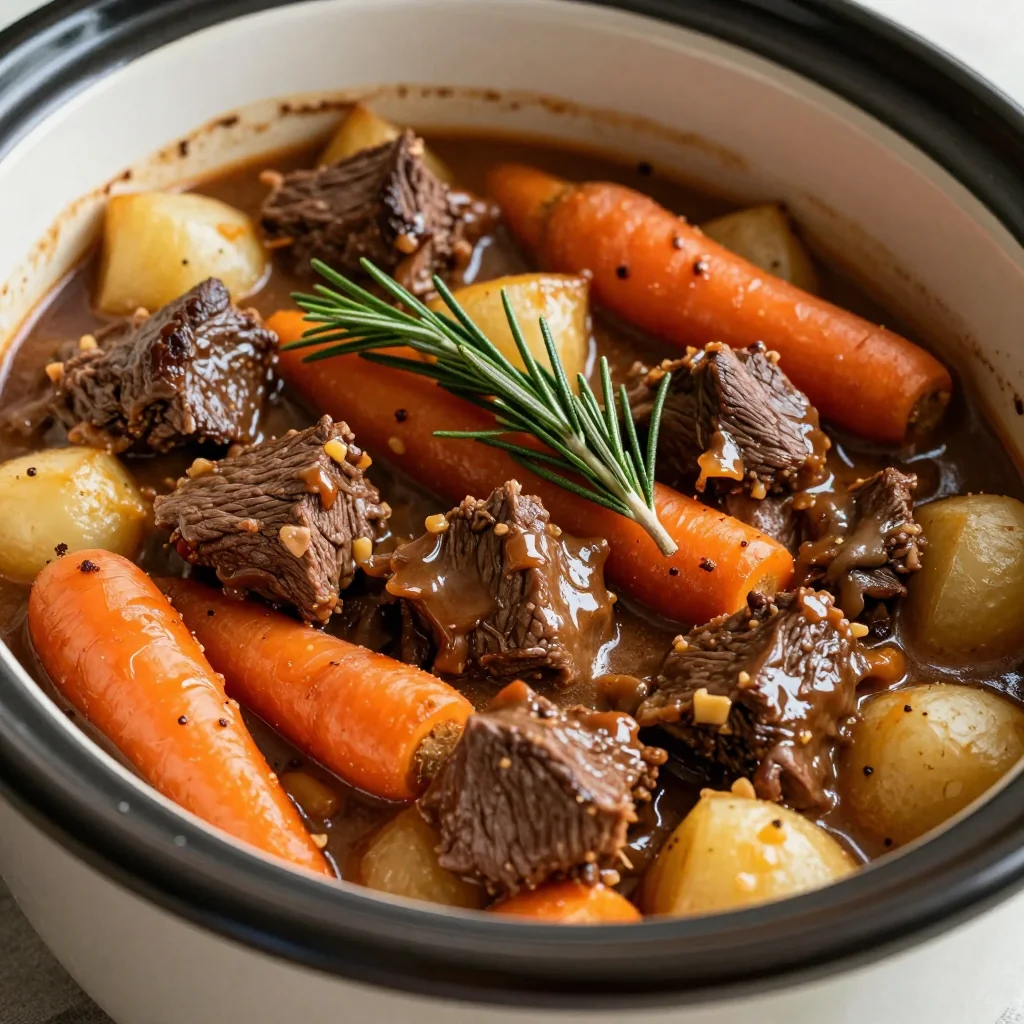 cozy slow cooker beef and root vegetable casserole with rosemary