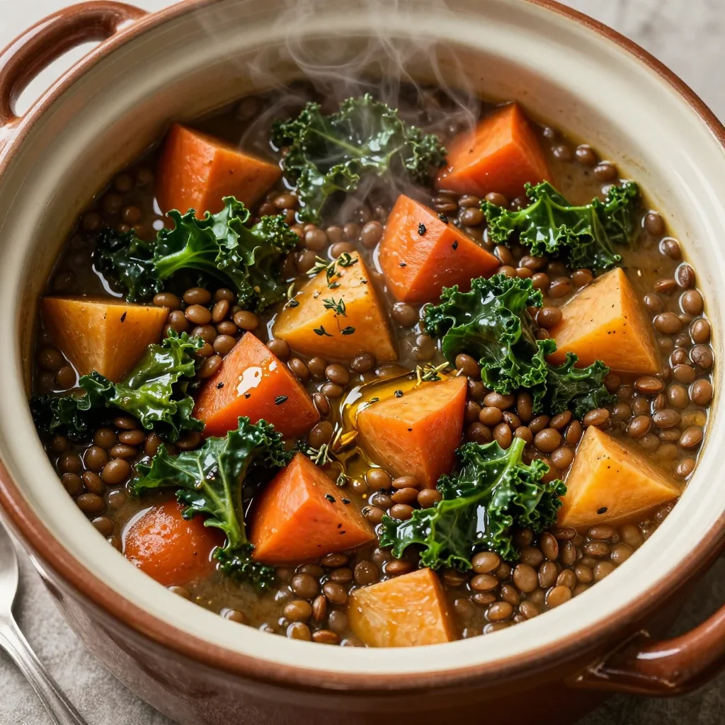 cozy slow cooker lentil and kale stew with root vegetables for winter