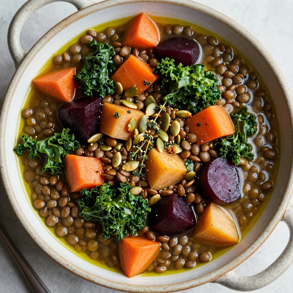 cozy slow cooker lentil and kale stew with root vegetables for winter