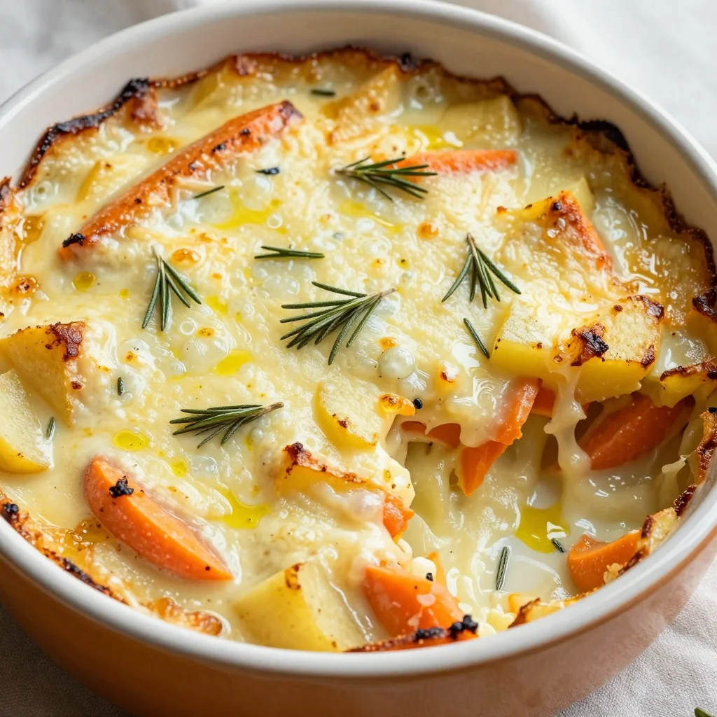 creamy garlic and rosemary root vegetable gratin for winter
