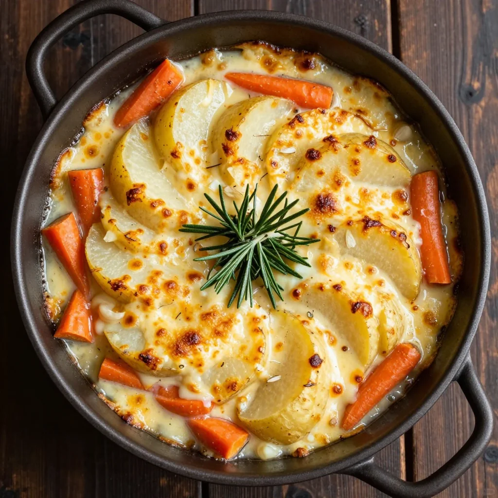 creamy garlic and rosemary root vegetable gratin for winter