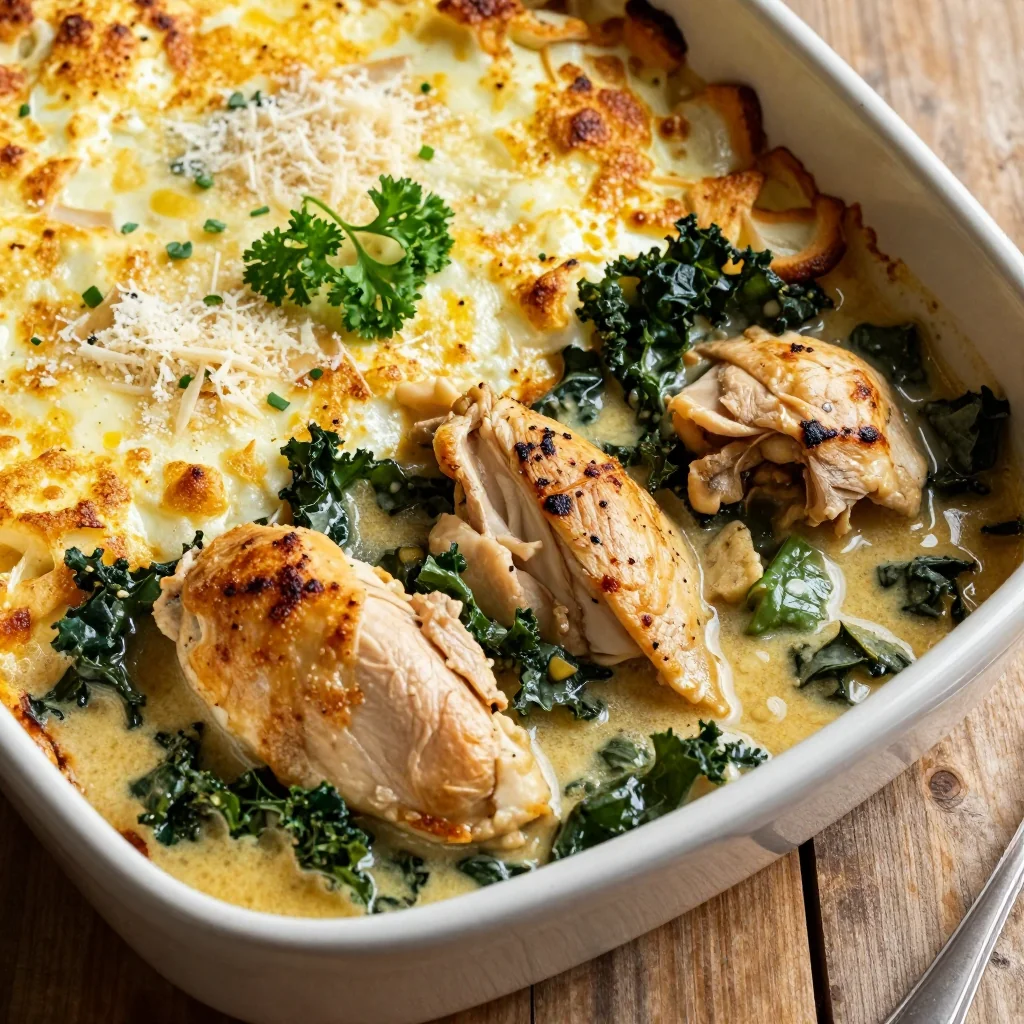 creamy garlic chicken and kale casserole for healthy winter family suppers