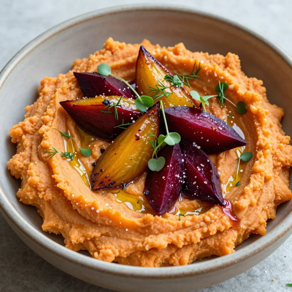 creamy garlic mashed sweet potatoes with roasted beet medley