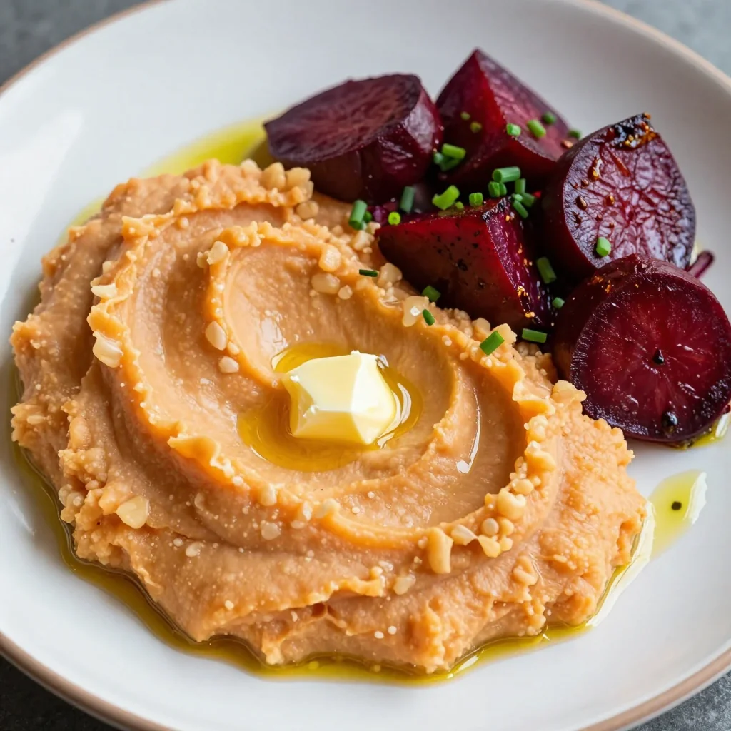 creamy garlic mashed sweet potatoes with roasted beet medley