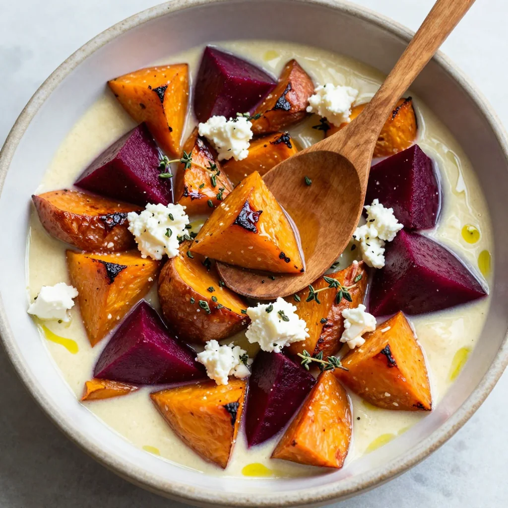 creamy garlic roasted sweet potato and beet medley for january suppers