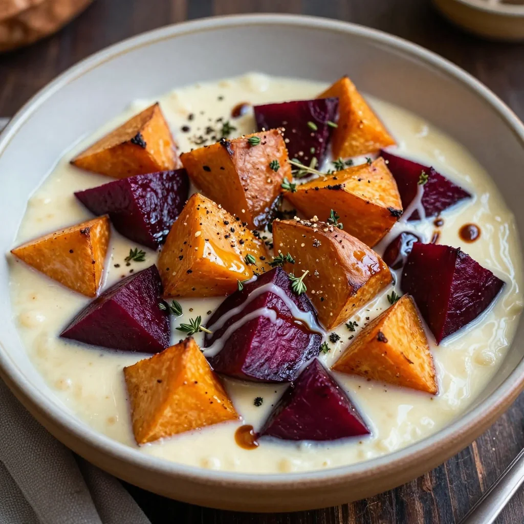 creamy garlic roasted sweet potato and beet medley for january suppers