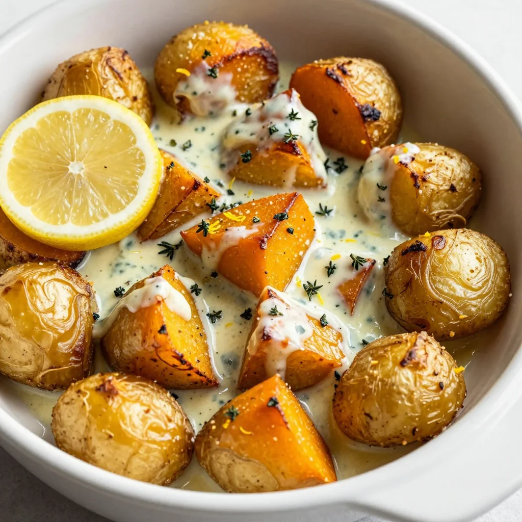 creamy lemon roasted potato and winter squash casserole