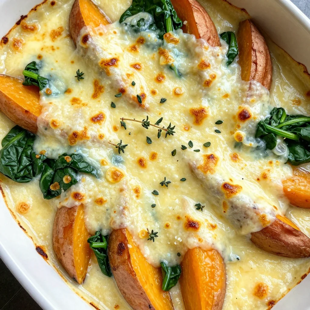 creamy spinach and sweet potato gratin with garlic and cheese