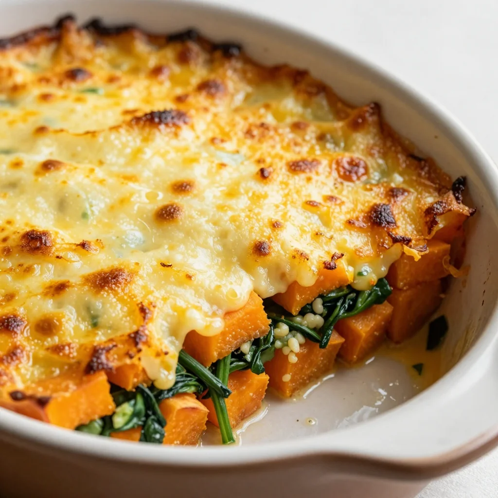 creamy spinach and sweet potato gratin with garlic and cheese