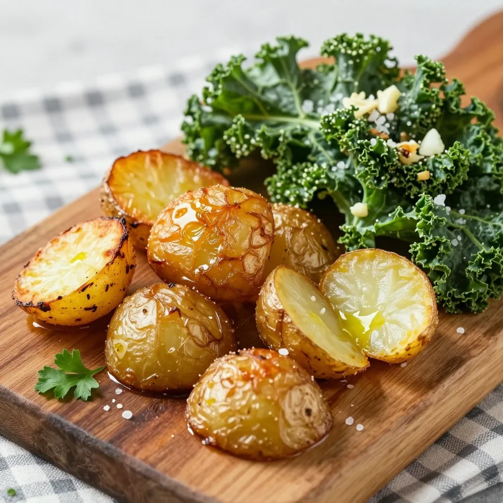 crispy roasted potatoes and kale with garlic for budget dinners