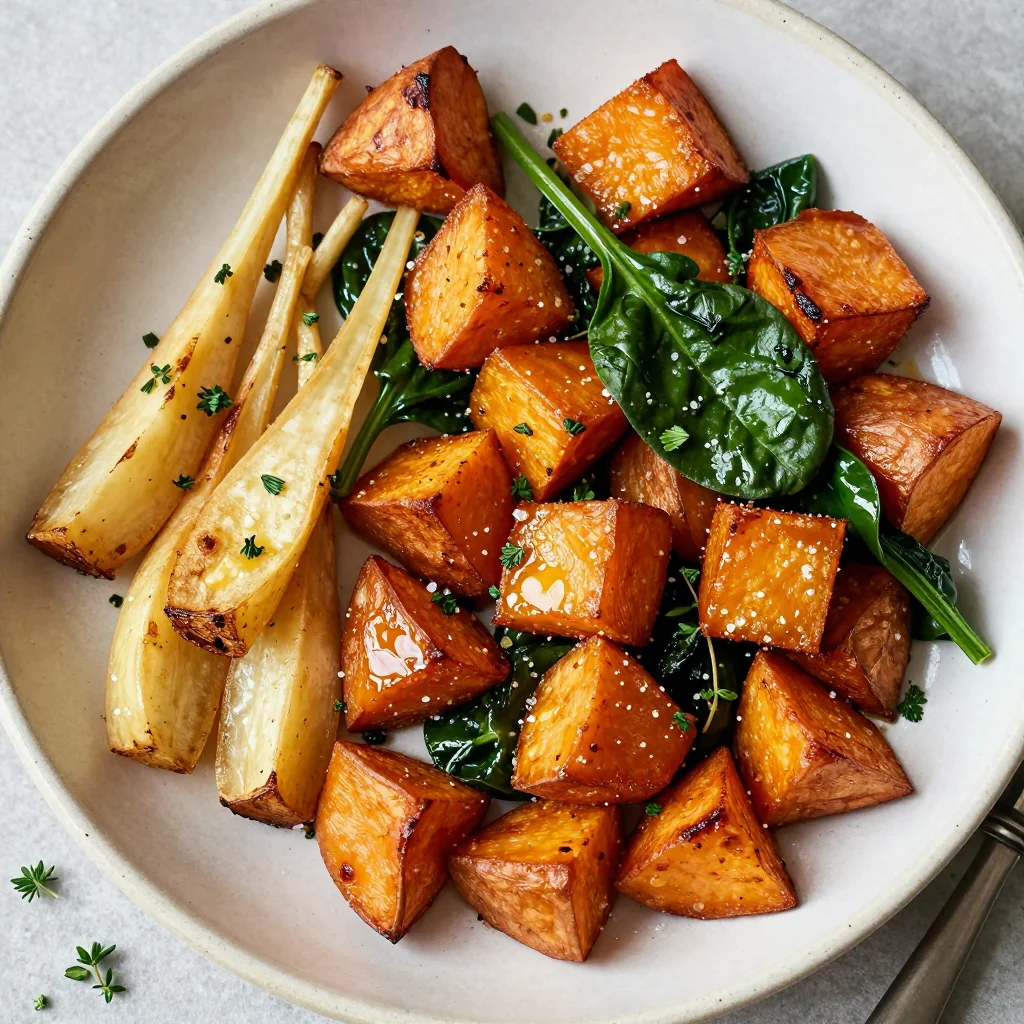 garlic and herb roasted sweet potatoes with spinach and parsnips
