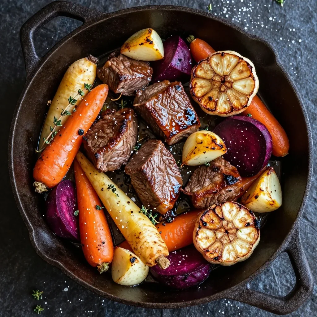 garlic and thyme roasted root vegetables with beef for cozy meals