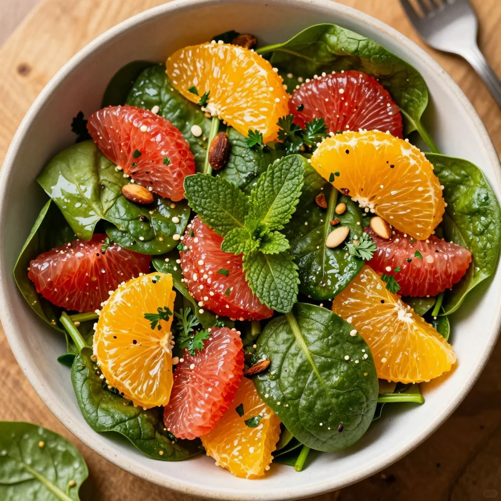 healthy citrus and herb salad with oranges and spinach for cold days