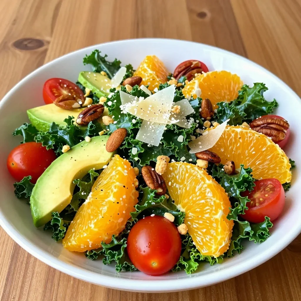 healthy citrus kale salad with oranges and toasted nuts for lunch