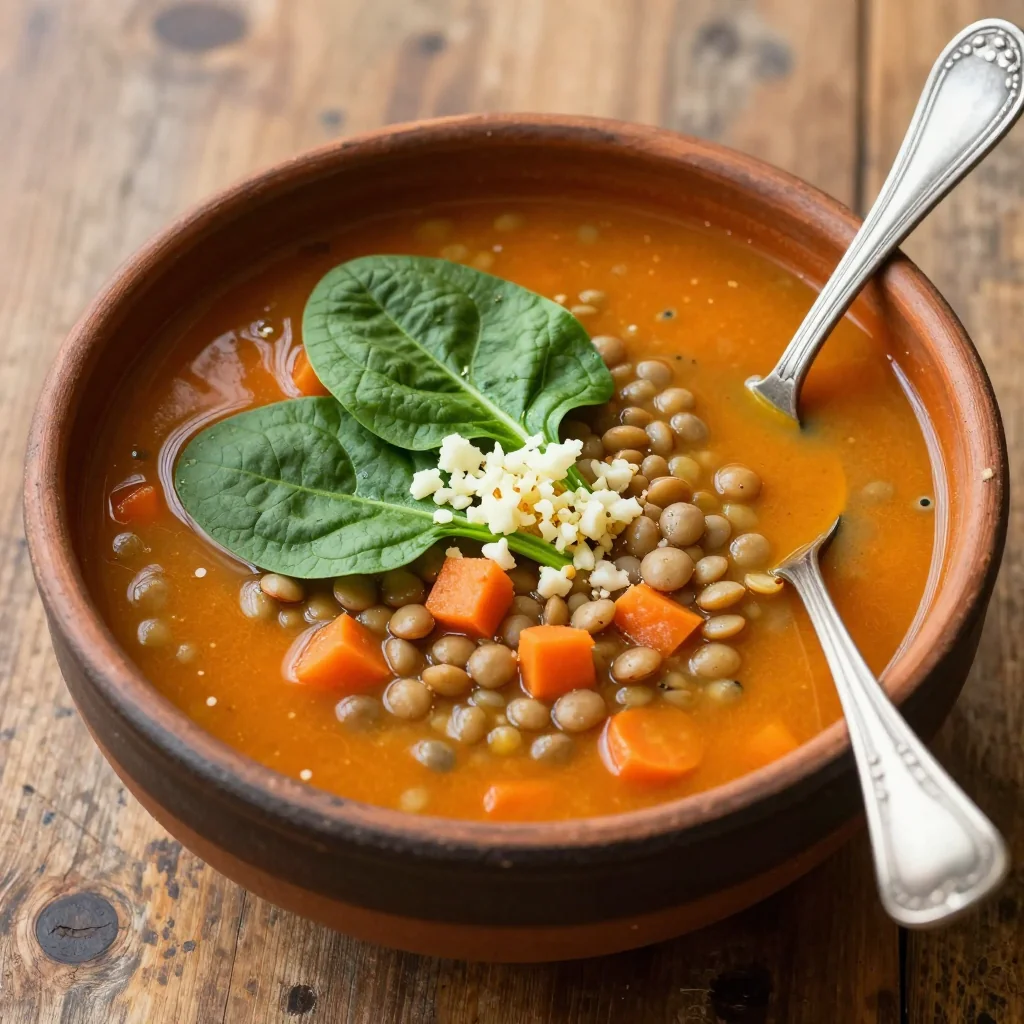 healthy one pot lentil and carrot soup with spinach and garlic