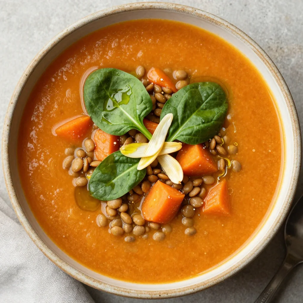 healthy one pot lentil and carrot soup with spinach and garlic
