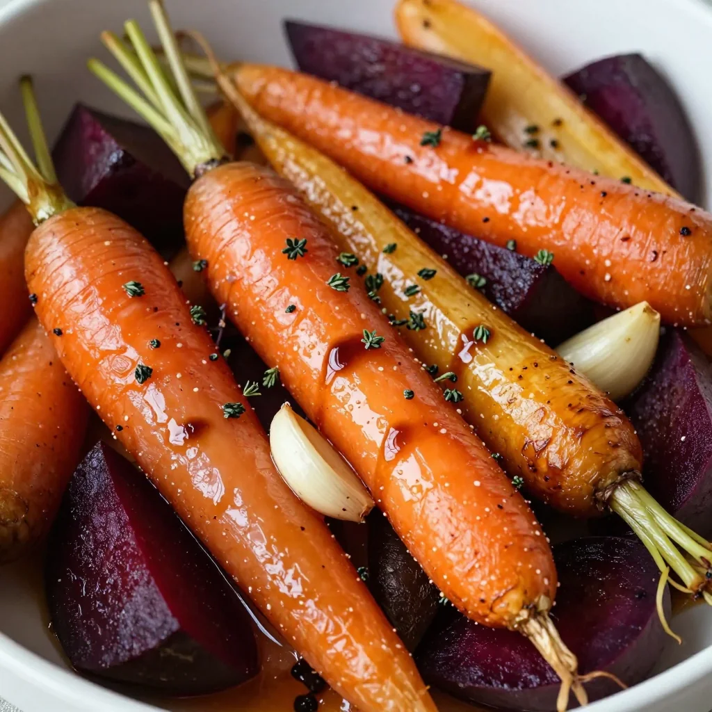 healthy roasted root vegetables with garlic and balsamic glaze