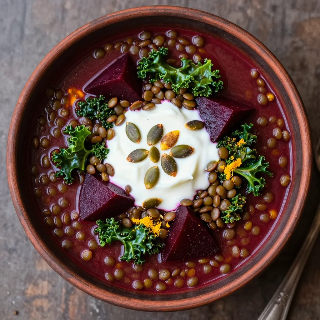high protein lentil and kale stew with beets for nourishing winter meals