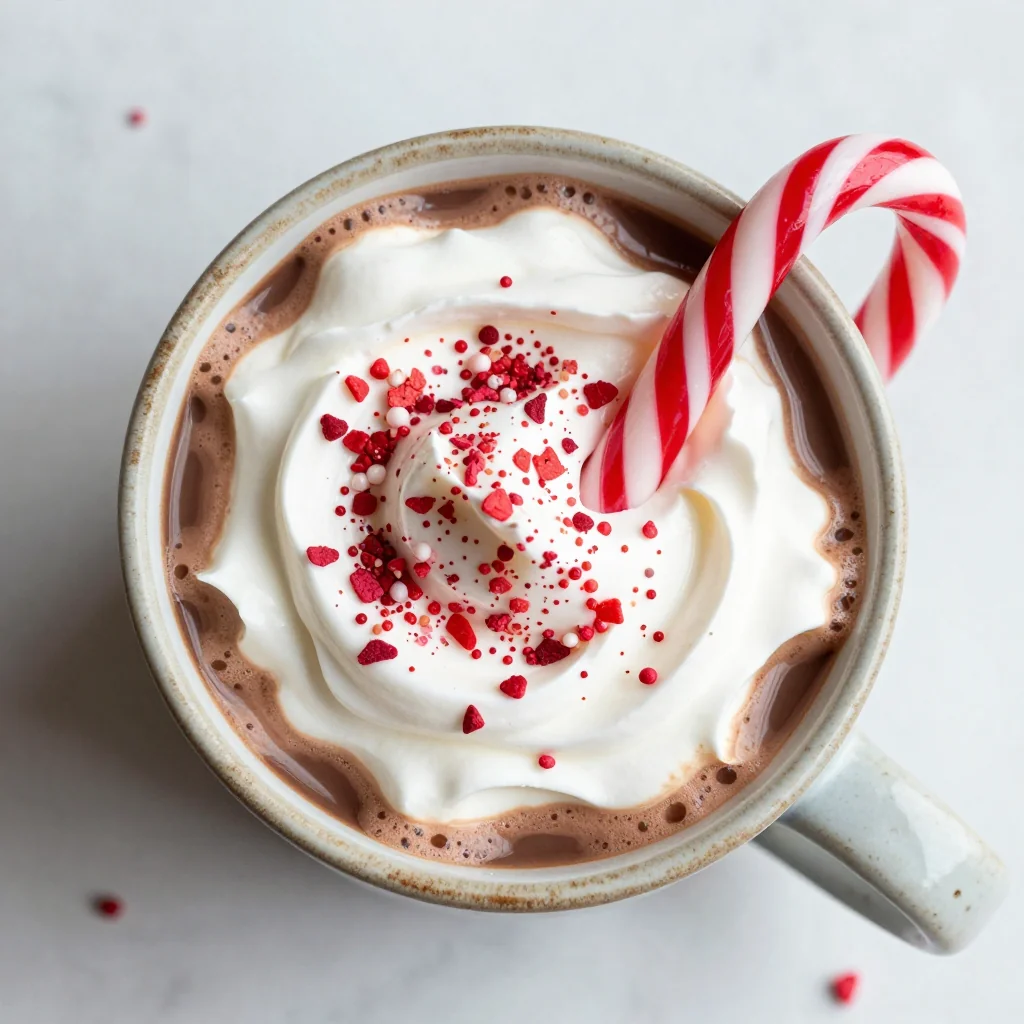 homemade hot cocoa mix with peppermint and whipped cream topping