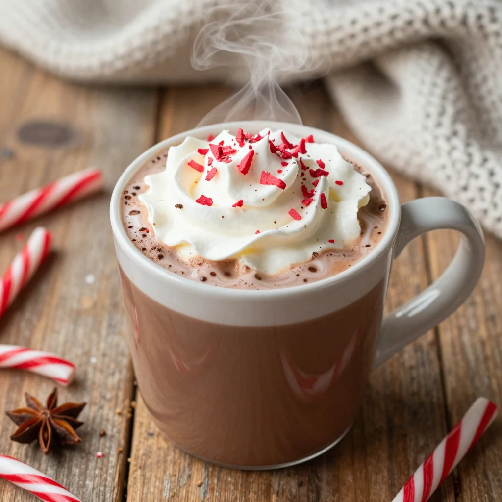homemade hot cocoa mix with peppermint and whipped cream topping