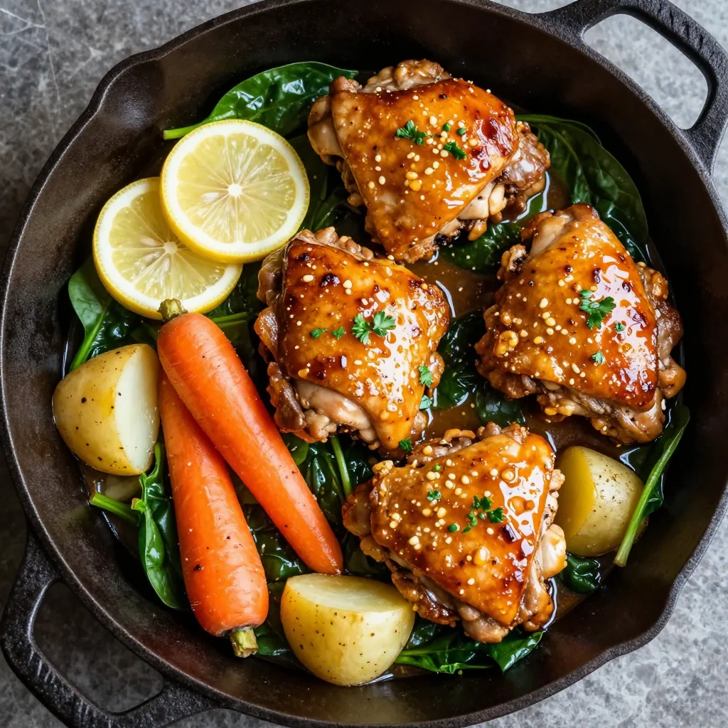 one pot lemon garlic chicken with spinach and root vegetables