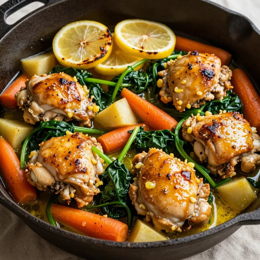 one pot lemon garlic chicken with spinach and root vegetables