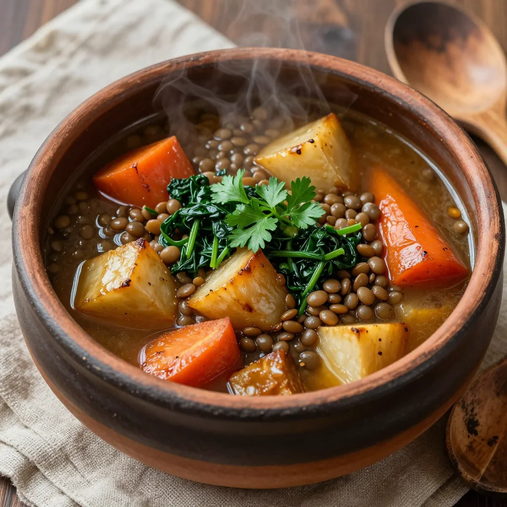 one pot lentil and roasted root vegetable stew with spinach and herbs