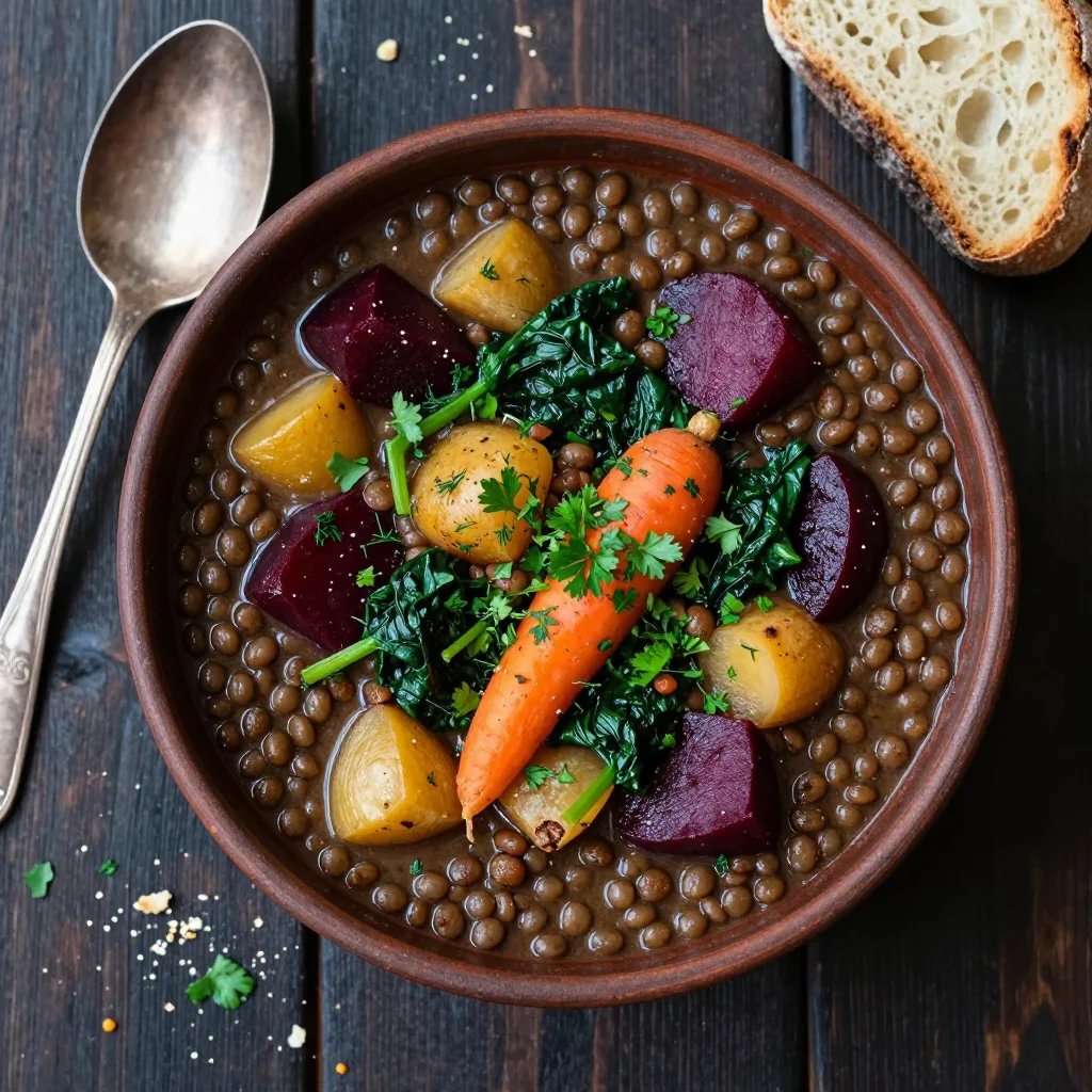 one pot lentil and roasted root vegetable stew with spinach and herbs